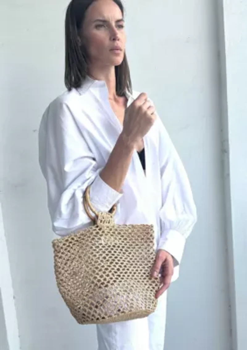 Natural Crochet Bucket Bag with Bamboo Handle