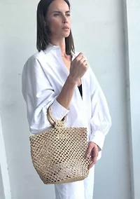 Natural Crochet Bucket Bag with Bamboo Handle