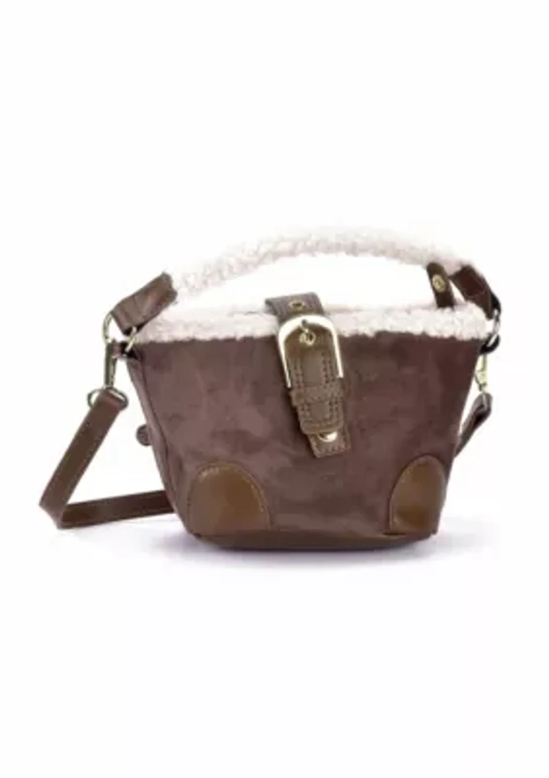 Brown Belted Bucket Bag with Shearling Detail