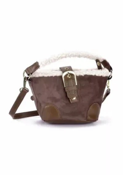 Brown Belted Bucket Bag with Shearling Detail