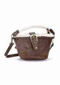 Brown Belted Bucket Bag with Shearling Detail