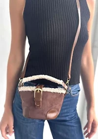Brown Belted Bucket Bag with Shearling Detail