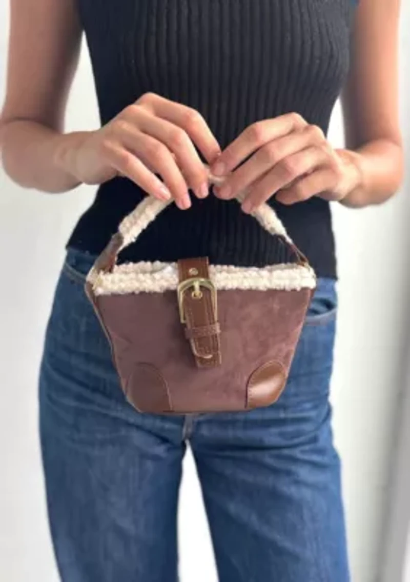 Brown Belted Bucket Bag with Shearling Detail