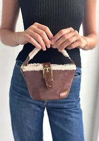 Brown Belted Bucket Bag with Shearling Detail