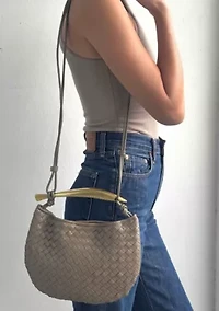 Tan Woven Gold Handle Shoulder Bag