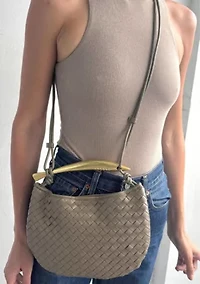 Tan Woven Gold Handle Shoulder Bag