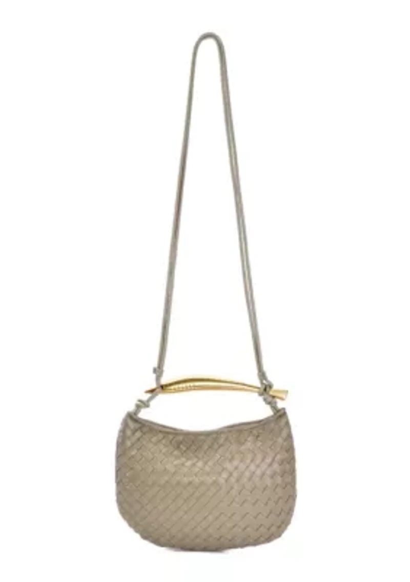 Tan Woven Gold Handle Shoulder Bag