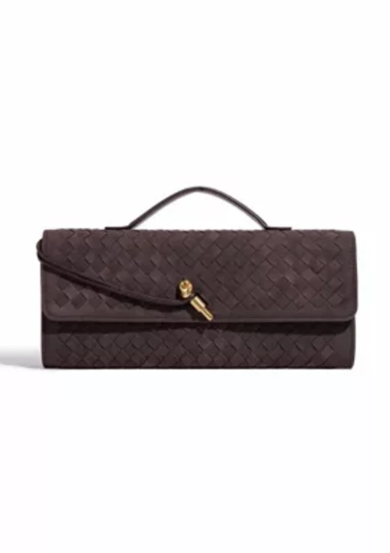 Suede Dark Brown Woven Baguette Bag