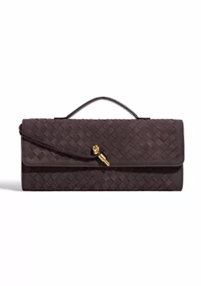 Suede Dark Brown Woven Baguette Bag