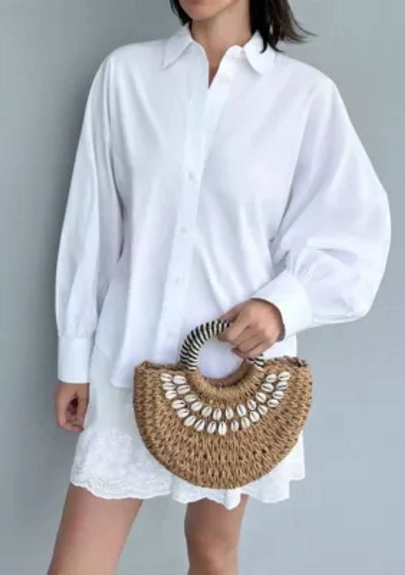 Basket Arc Shell-Embroidered Handle Bag with Shoulder Strap