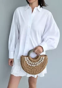 Basket Arc Shell-Embroidered Handle Bag with Shoulder Strap
