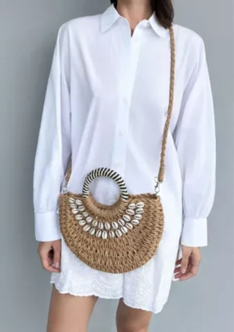 Basket Arc Shell-Embroidered Handle Bag with Shoulder Strap