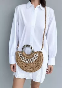 Basket Arc Shell-Embroidered Handle Bag with Shoulder Strap