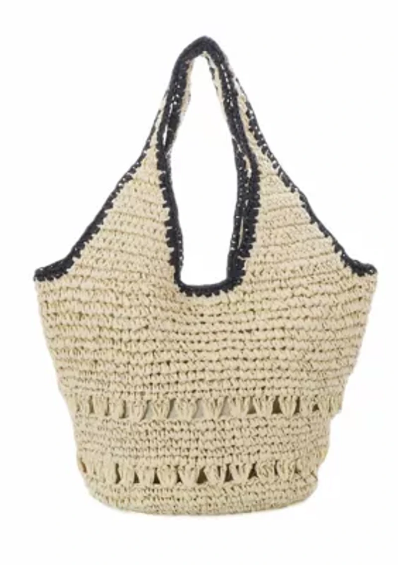 White Raffia Oversized Hobo Shoulder Bag with Black Edging
