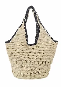 White Raffia Oversized Hobo Shoulder Bag with Black Edging