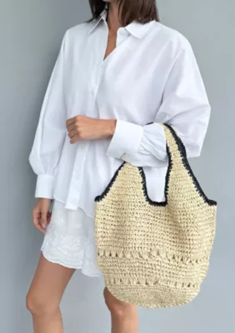White Raffia Oversized Hobo Shoulder Bag with Black Edging