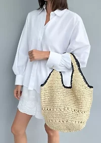 White Raffia Oversized Hobo Shoulder Bag with Black Edging