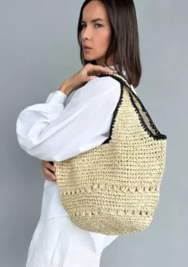 White Raffia Oversized Hobo Shoulder Bag with Black Edging