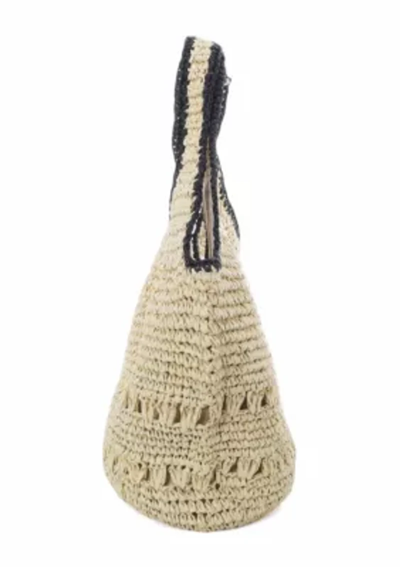 White Raffia Oversized Hobo Shoulder Bag with Black Edging