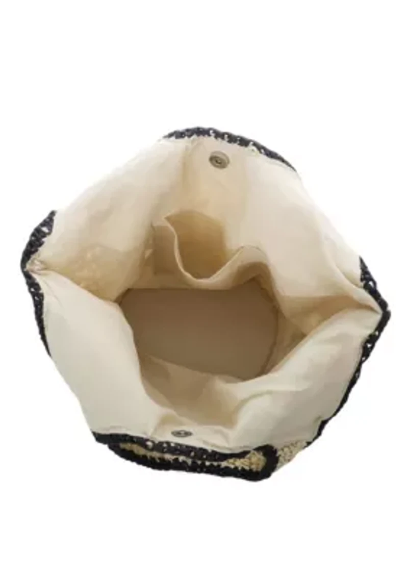 White Raffia Oversized Hobo Shoulder Bag with Black Edging