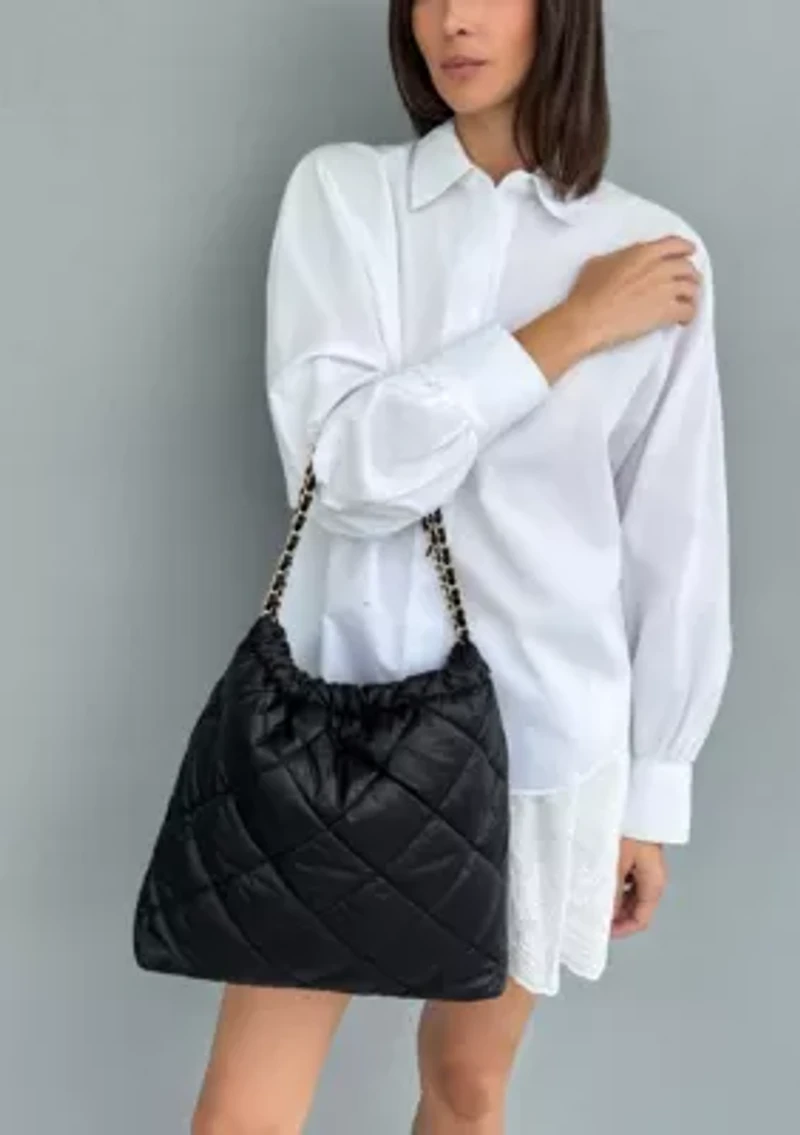 Black Quilted Cotton Tote with Chain Strap