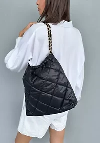 Black Quilted Cotton Tote with Chain Strap