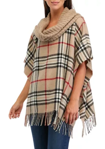 Plaid Poncho with Knit Collar