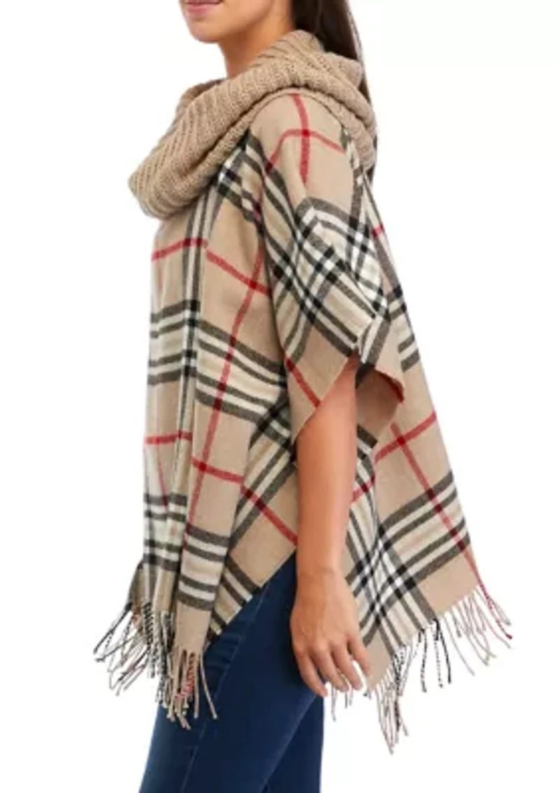 Plaid Poncho with Knit Collar