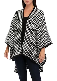 Women's Classic Houndstooth Pattern Ruana Wrap with Black Border Trim
