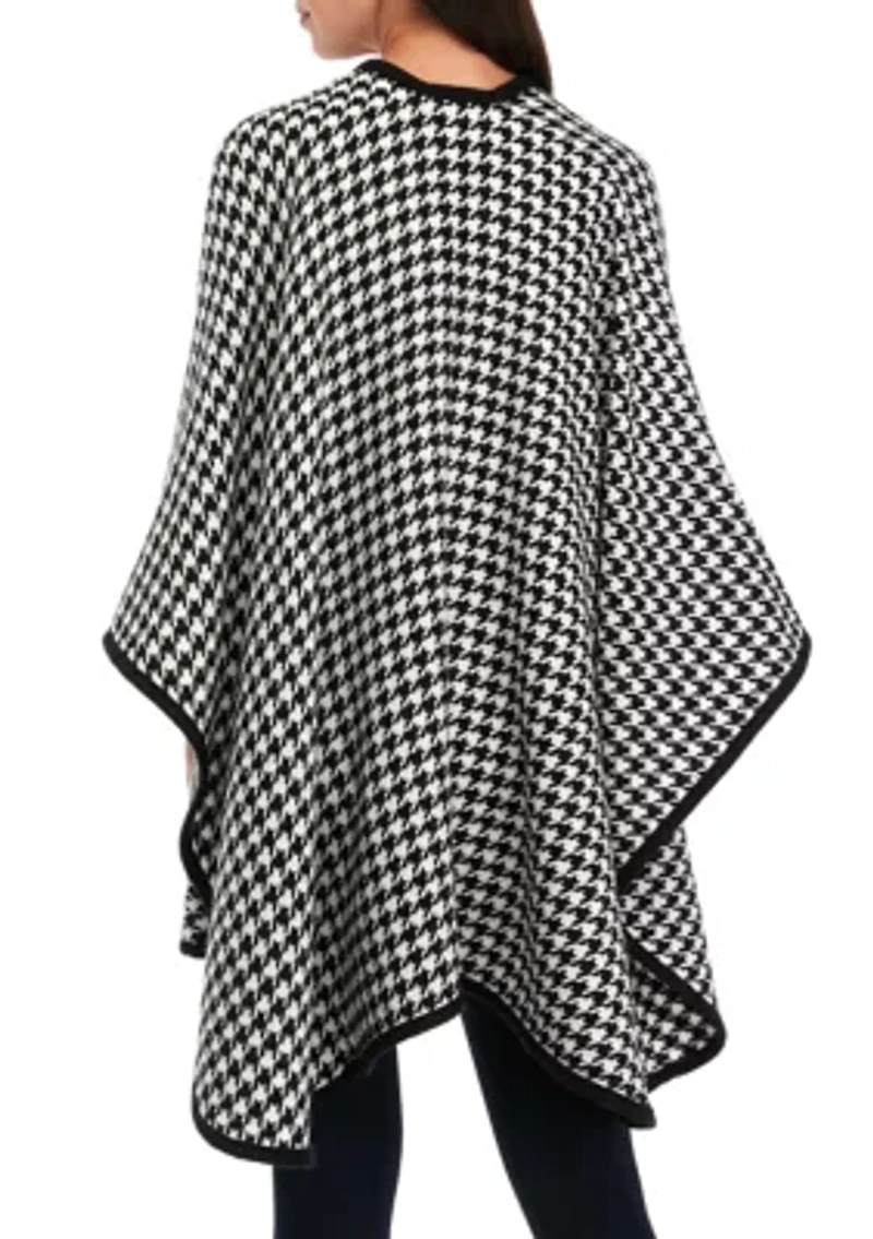 Women's Classic Houndstooth Pattern Ruana Wrap with Black Border Trim