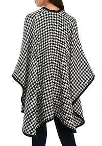 Women's Classic Houndstooth Pattern Ruana Wrap with Black Border Trim