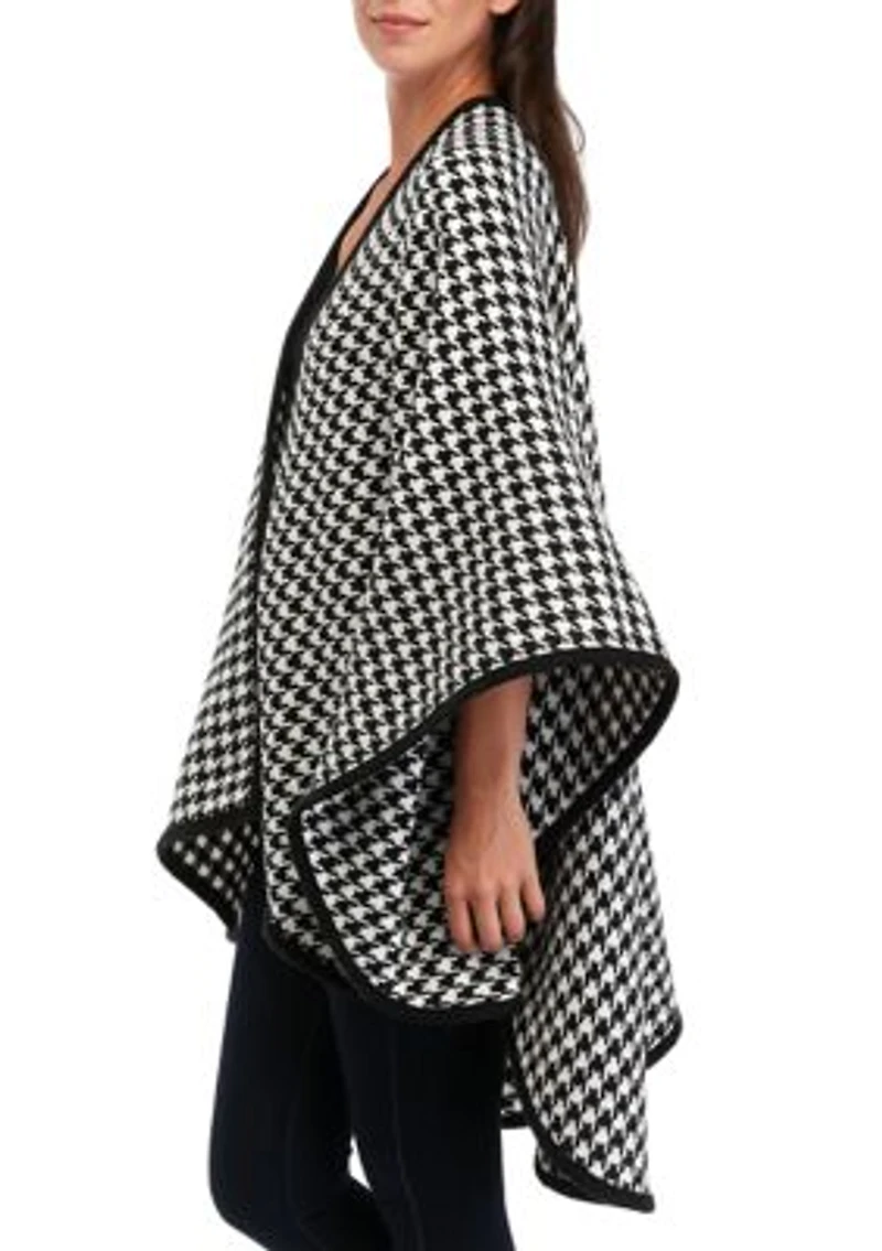 Women's Classic Houndstooth Pattern Ruana Wrap with Black Border Trim