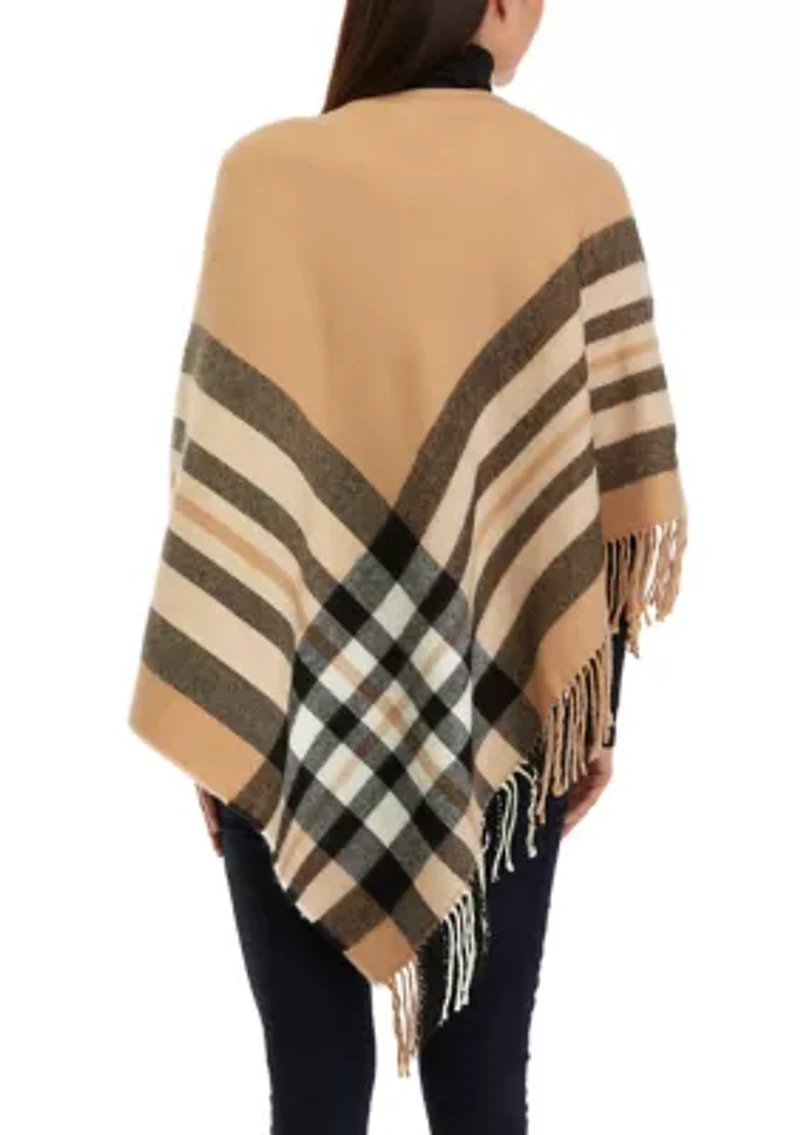 Exploded Plaid Fringed Poncho
