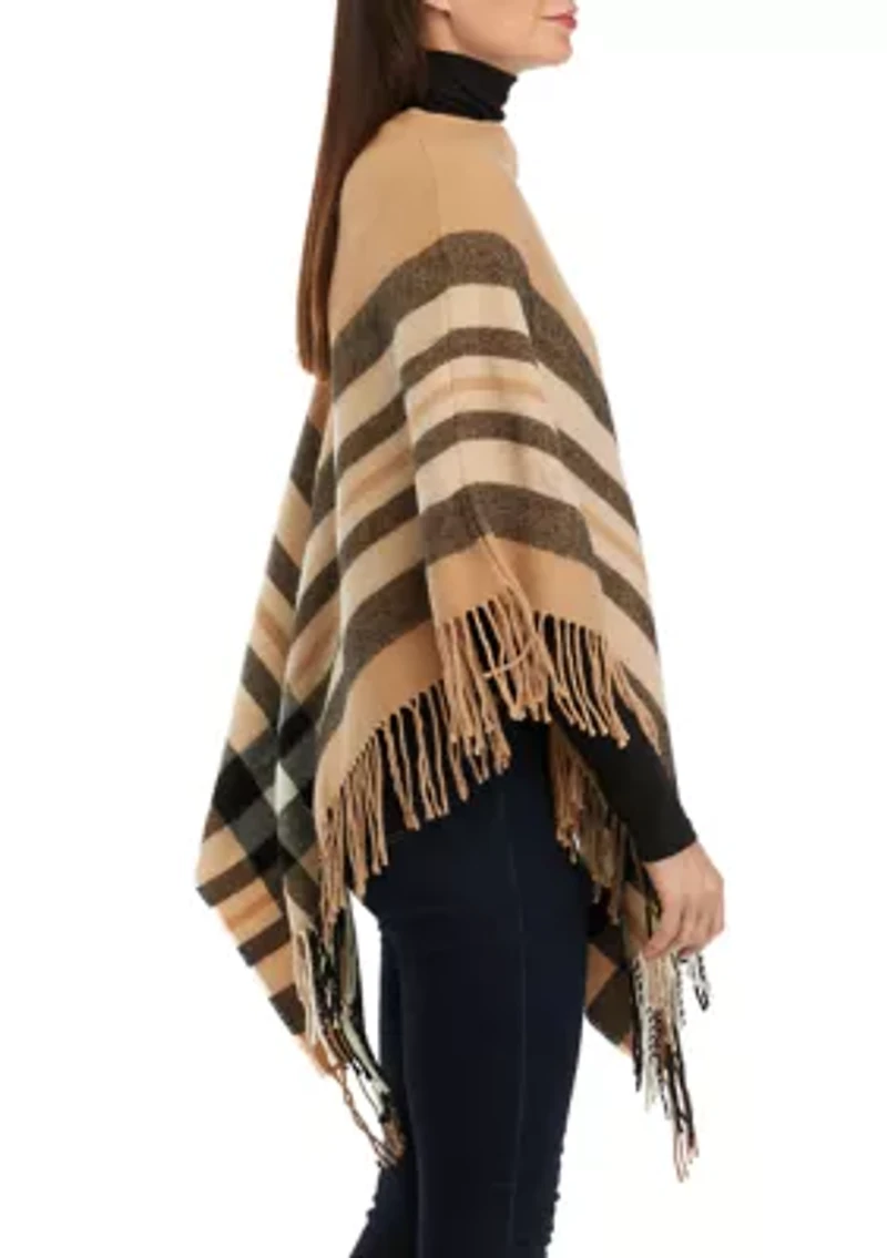 Exploded Plaid Fringed Poncho