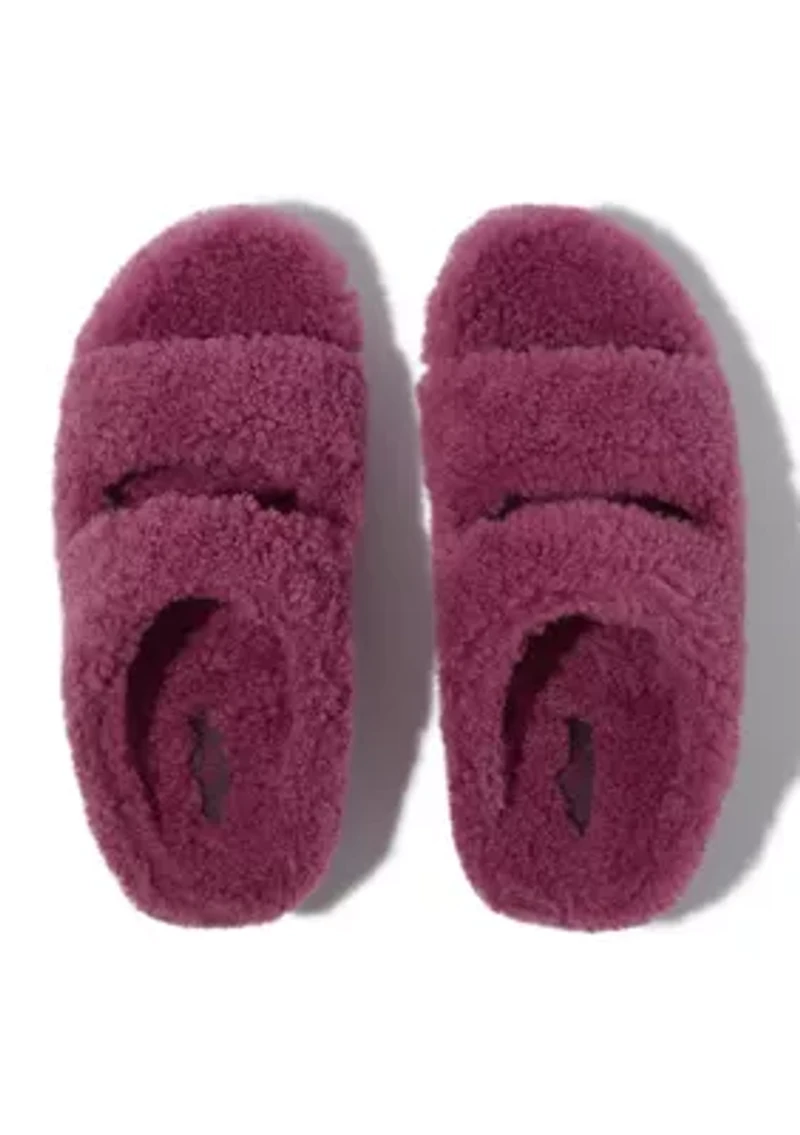 Shuv Curly-Shearling Two-Bar Slide Sandals