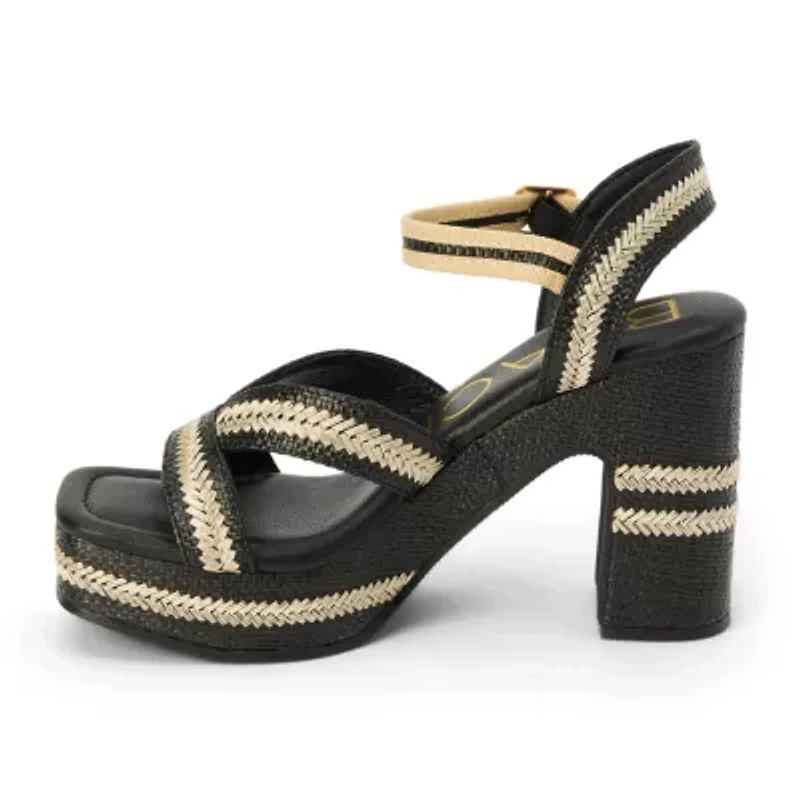 Vegan, platformed heeled sandal with ankel strap.