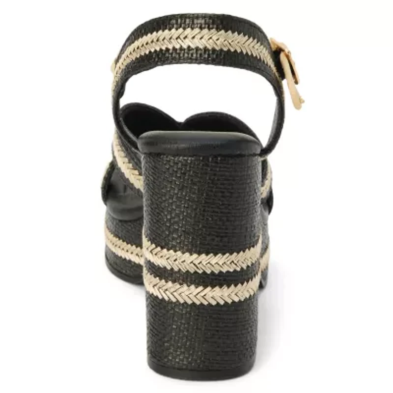 Vegan, platformed heeled sandal with ankel strap.