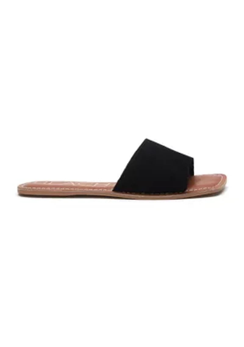One band square toe slide sandal.