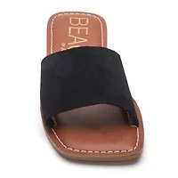 One band square toe slide sandal.