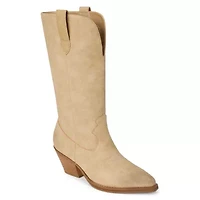 Western-inspired boot set on a block heel.