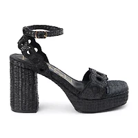 Vegan, platform heeled sandal with scallop and cut-out detail.