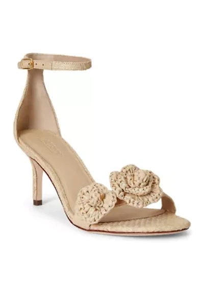 Allie Mid-Heel Floral-Trim Raffia Sandals