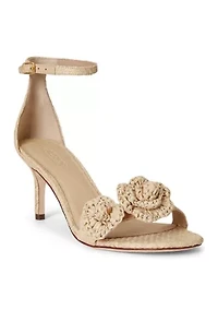 Allie Mid-Heel Floral-Trim Raffia Sandals