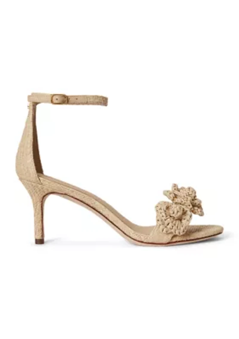 Allie Mid-Heel Floral-Trim Raffia Sandals