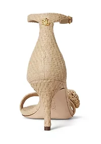 Allie Mid-Heel Floral-Trim Raffia Sandals