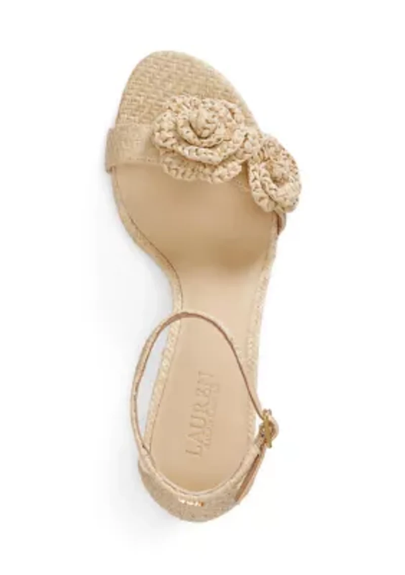 Allie Mid-Heel Floral-Trim Raffia Sandals