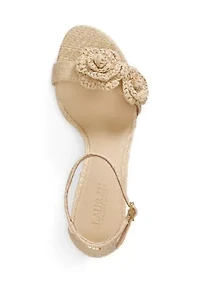 Allie Mid-Heel Floral-Trim Raffia Sandals