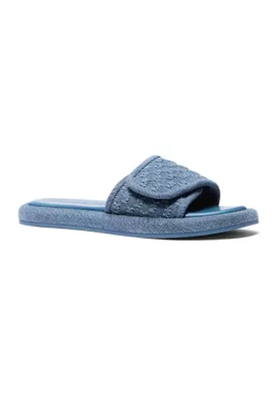 Suki Flat Slide Signature Embossed Denim Sandals