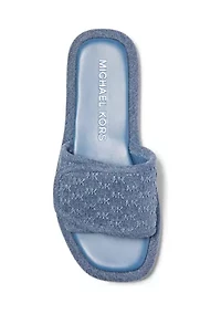 Suki Flat Slide Signature Embossed Denim Sandals