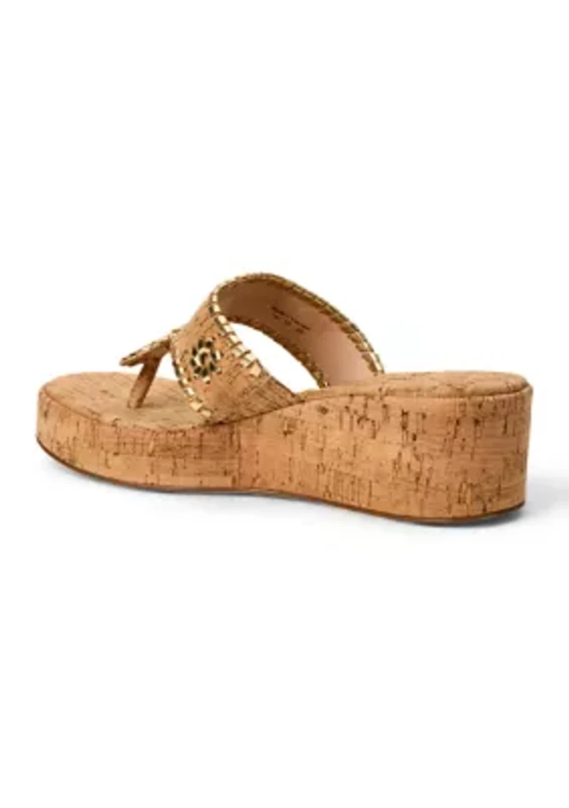 Jacks Cork & Leather Mid Wedge Thong Sandals